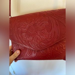 Embroidered red leather crossbody purse
